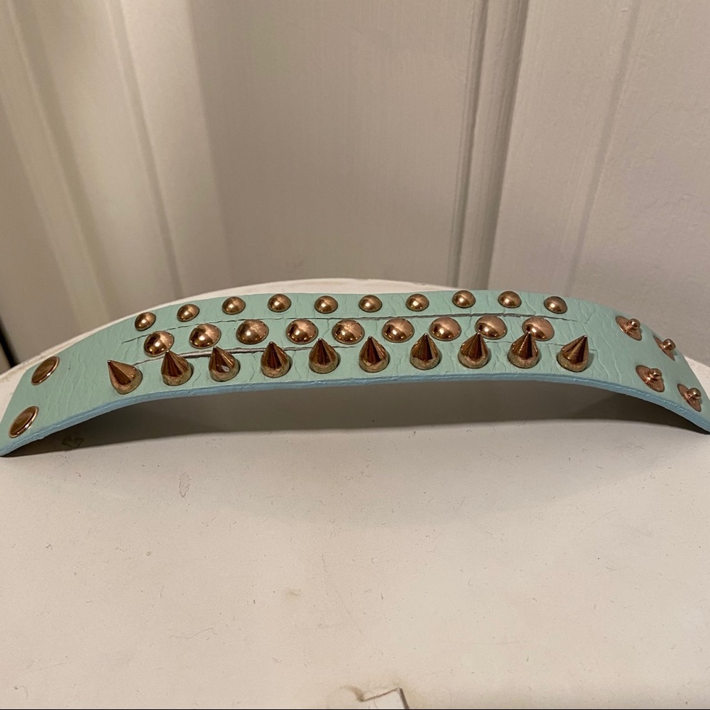 Punk Gold Spiked And Riveted Aqua Baby Blue Cuff - Picture 3 of 5